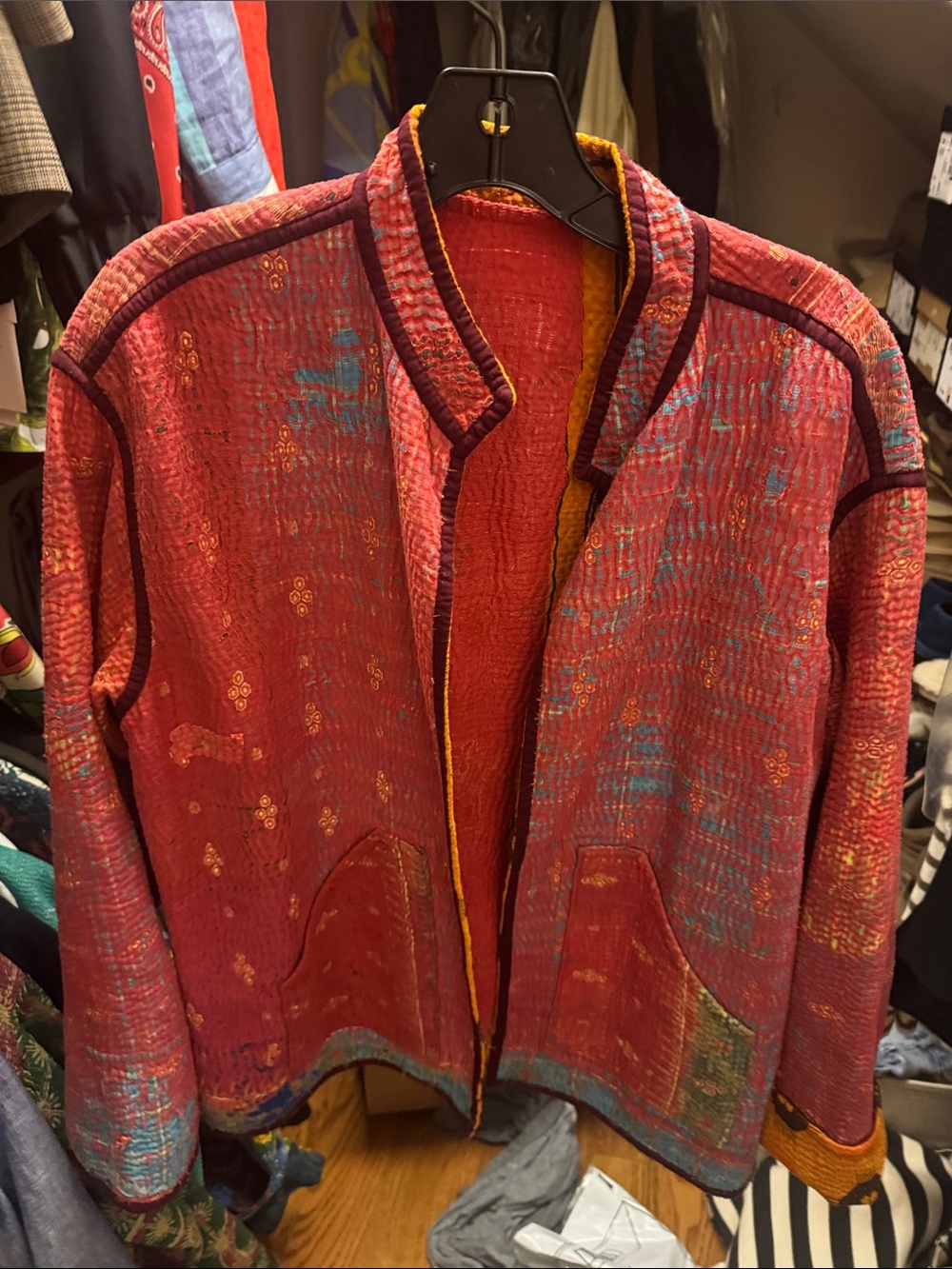 Vintage-Inspired Red Kantha Quilted Jacket - Women's